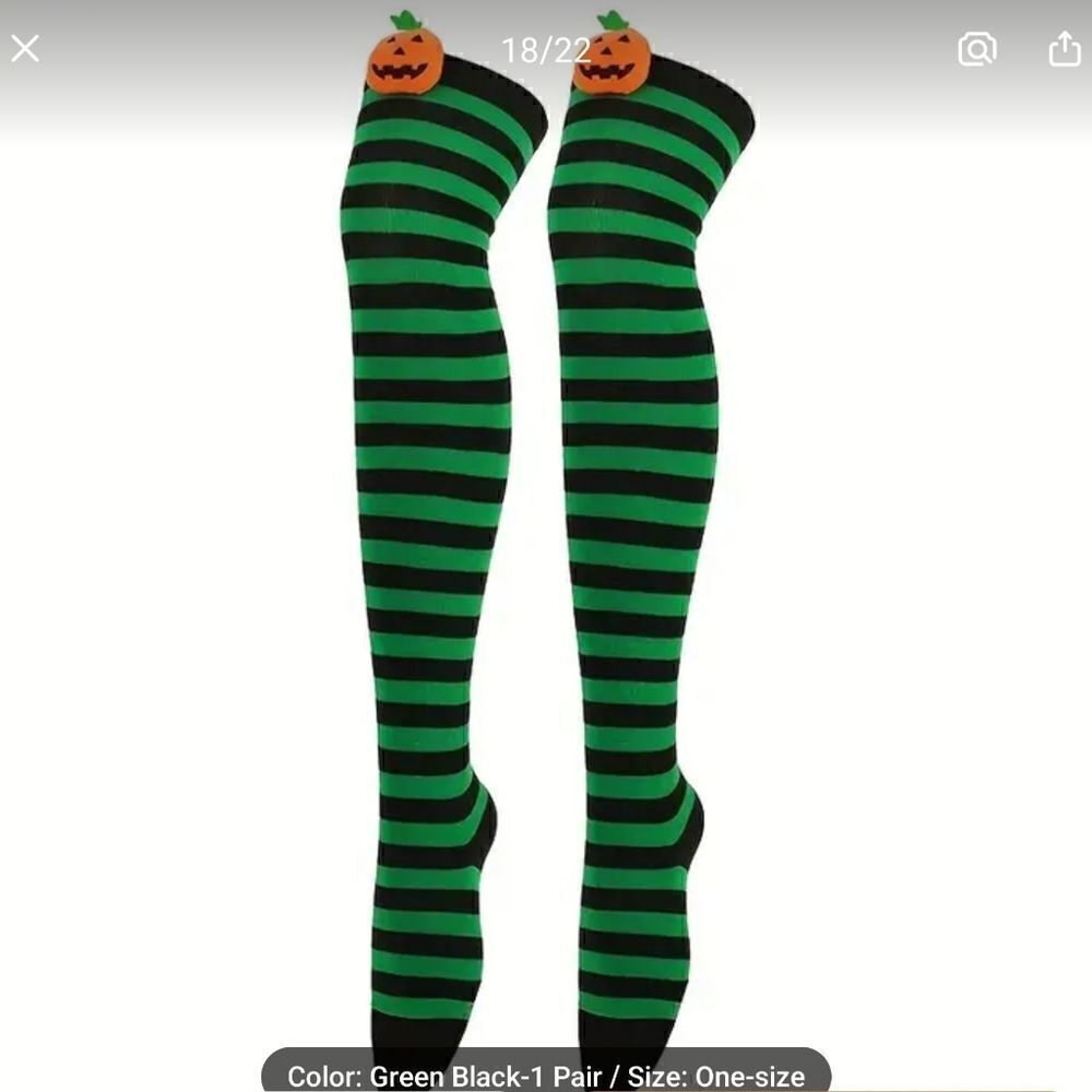Halloween Green and Black Over Knee Long Striped Thigh High Socks w/Pumpkins